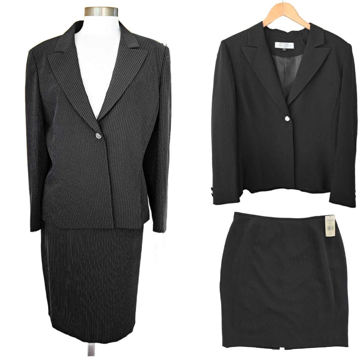 NEW Tahari Black Pinstripe 2-Piece Skirt Suit Size 16 Petite