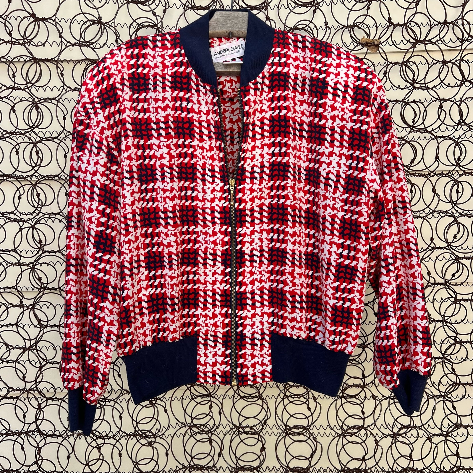 Andrea Gayle Red White Printed Plaid Zip Up Windbreaker Jacket Size 10