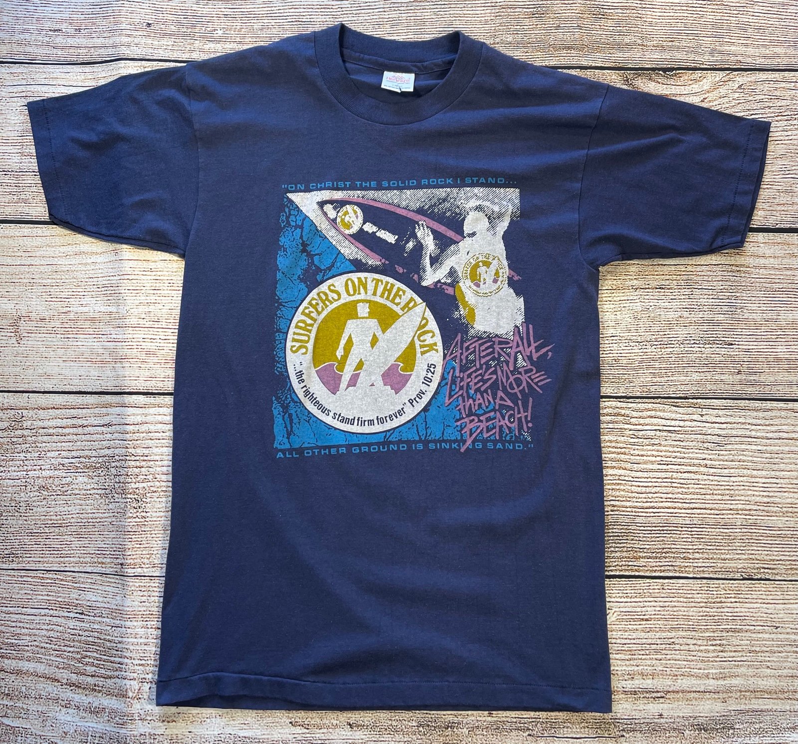 Size Large Vintage Jesus Surf "On Christ the Solid Rock I Stand” T-Shirt Bible