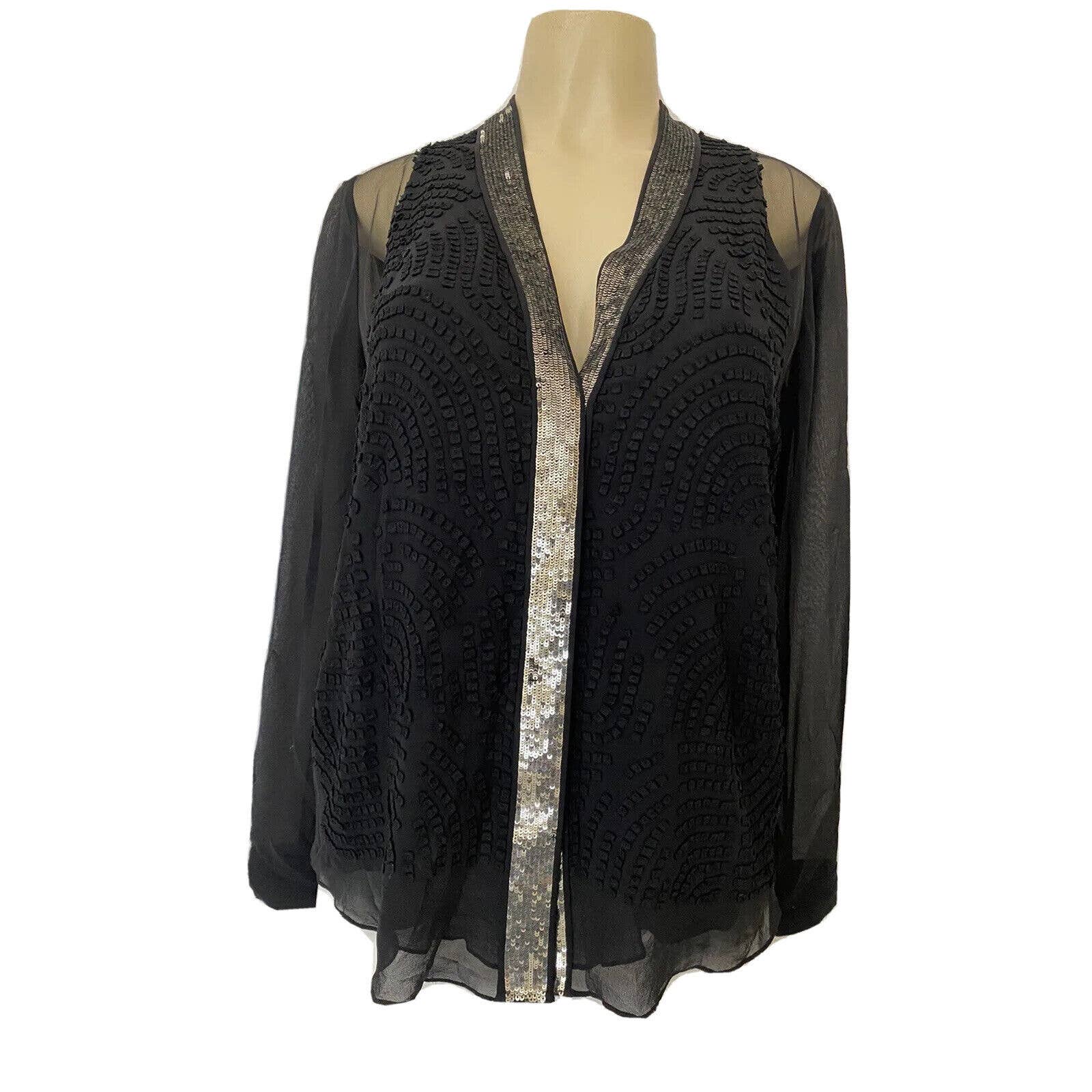 Rohit Gandhi Rahul Khanna Top Blouse Button Shirt Black Long Sleeve Sequin Sheer