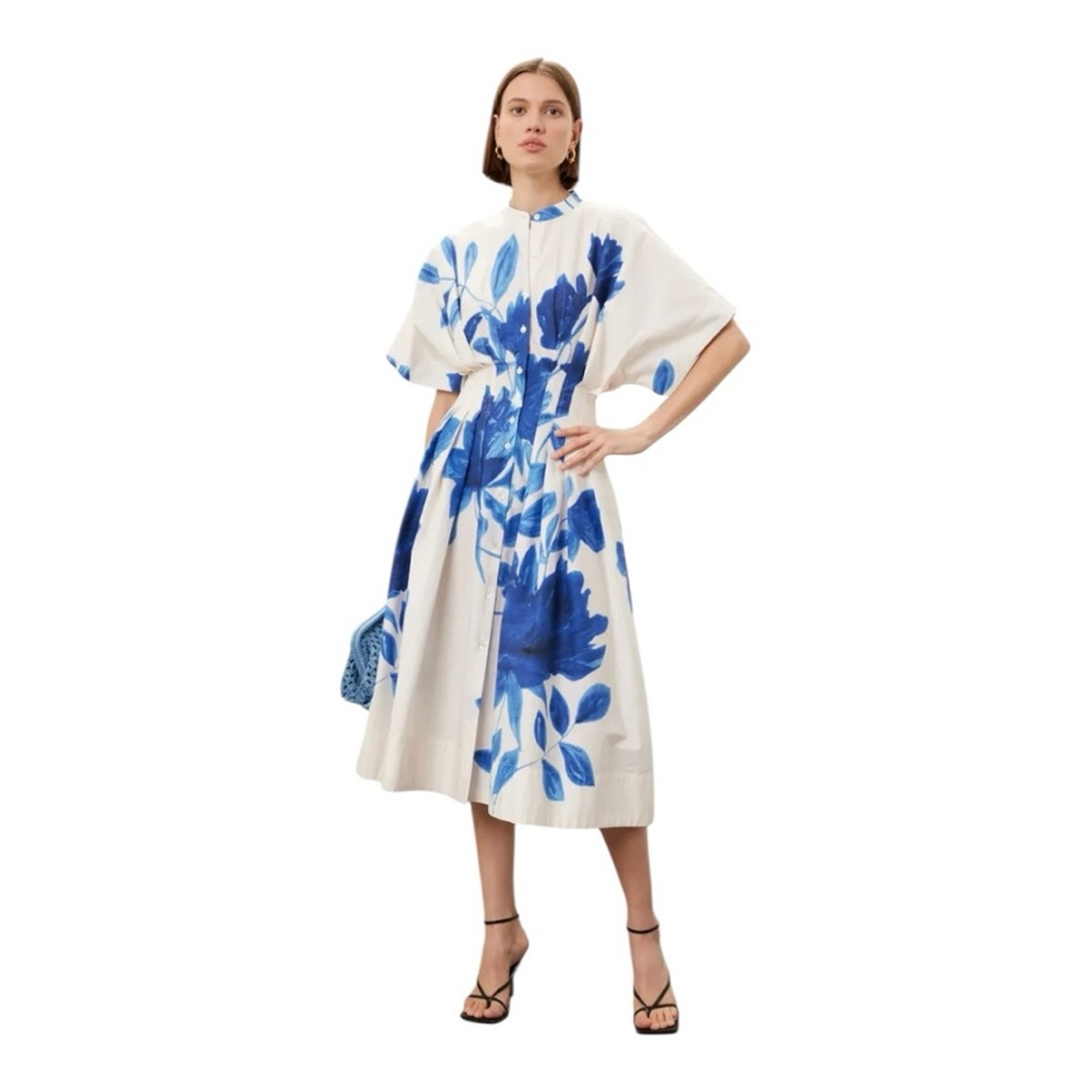495 Natori Andora Midi Dress Button Front Blue & White Floral Poplin Size 12