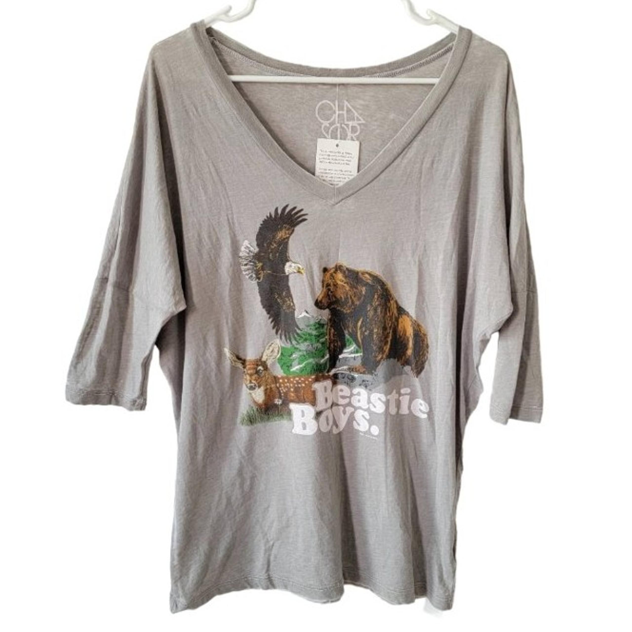 NWT Beastie Boys Womens Oversized Grey V-Neck Long Sleeve Soft T-Shirt Medium