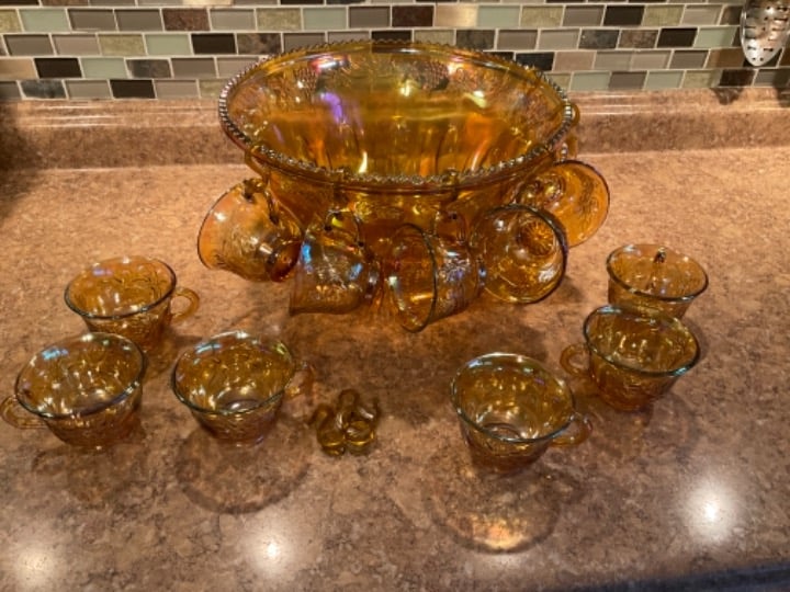 Marigold Carnival Glass Punch Bowl and Glasses