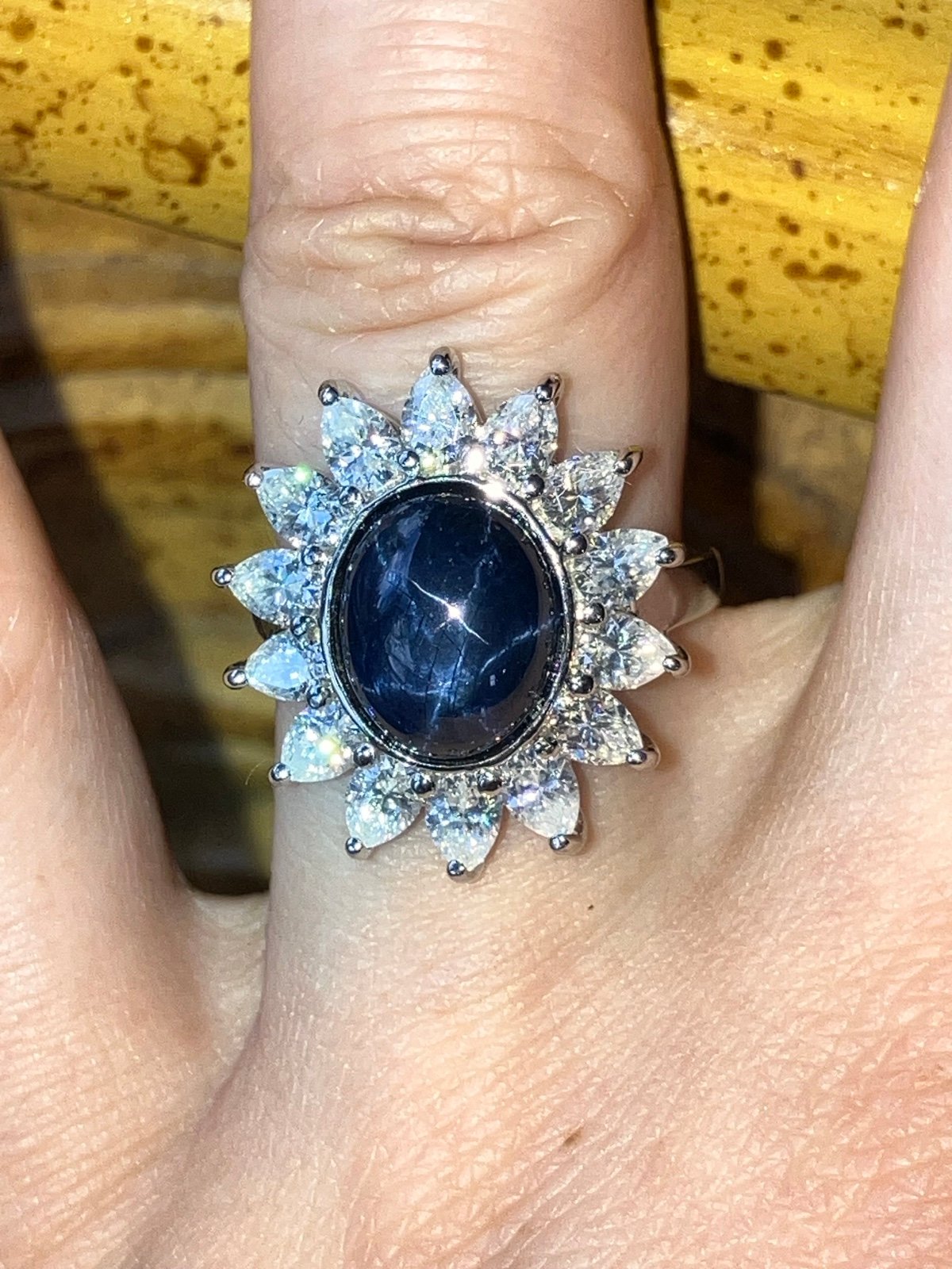 Natural Blue Star Sapphire Moissanite Sterling Silver Cocktail Ring