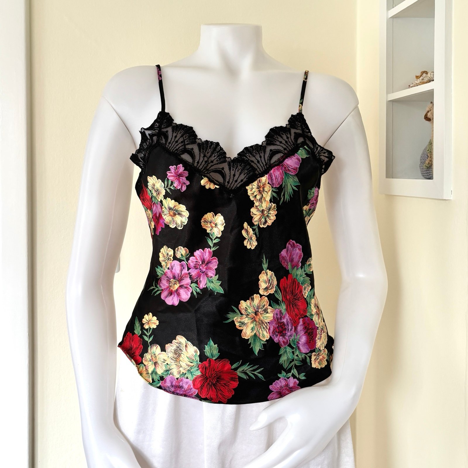 Vintage Victorias Secret black satin camisole with floral print and lace
