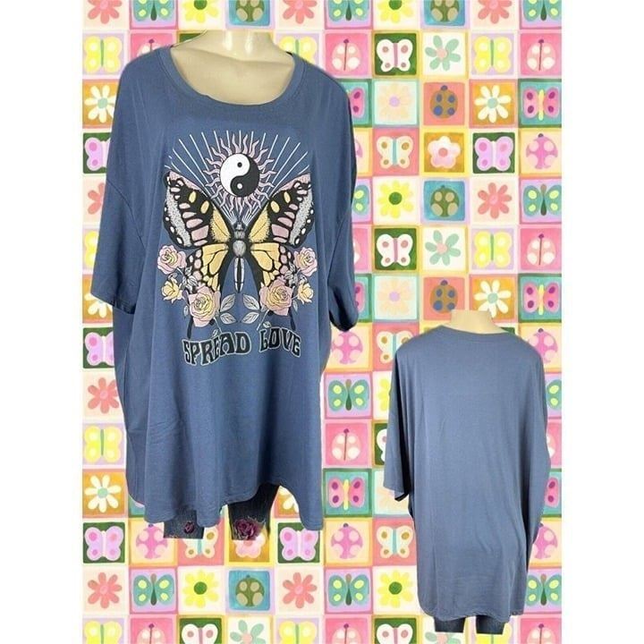 Vinyl Icons + 5 Steel Blue Butterfly Floral Spread Love Graphic Short Sleeve Tee