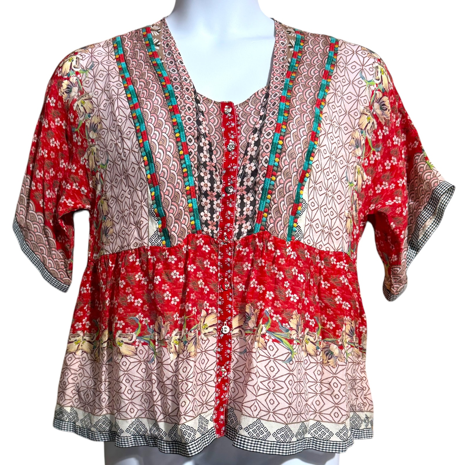 NEW JOHNNY WAS Zado button down boho flowy embroidered top oversized XS