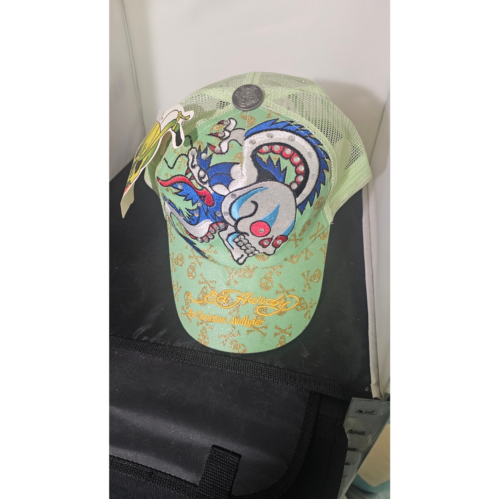 Vtg ed hardy hat rhinestone Brown SnapBack Mesh Skull