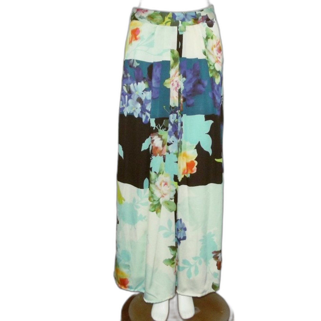 RANNA GILL Maxi Skirt, S, Color Block Floral, Pleated, Side Zipper, Multicolor
