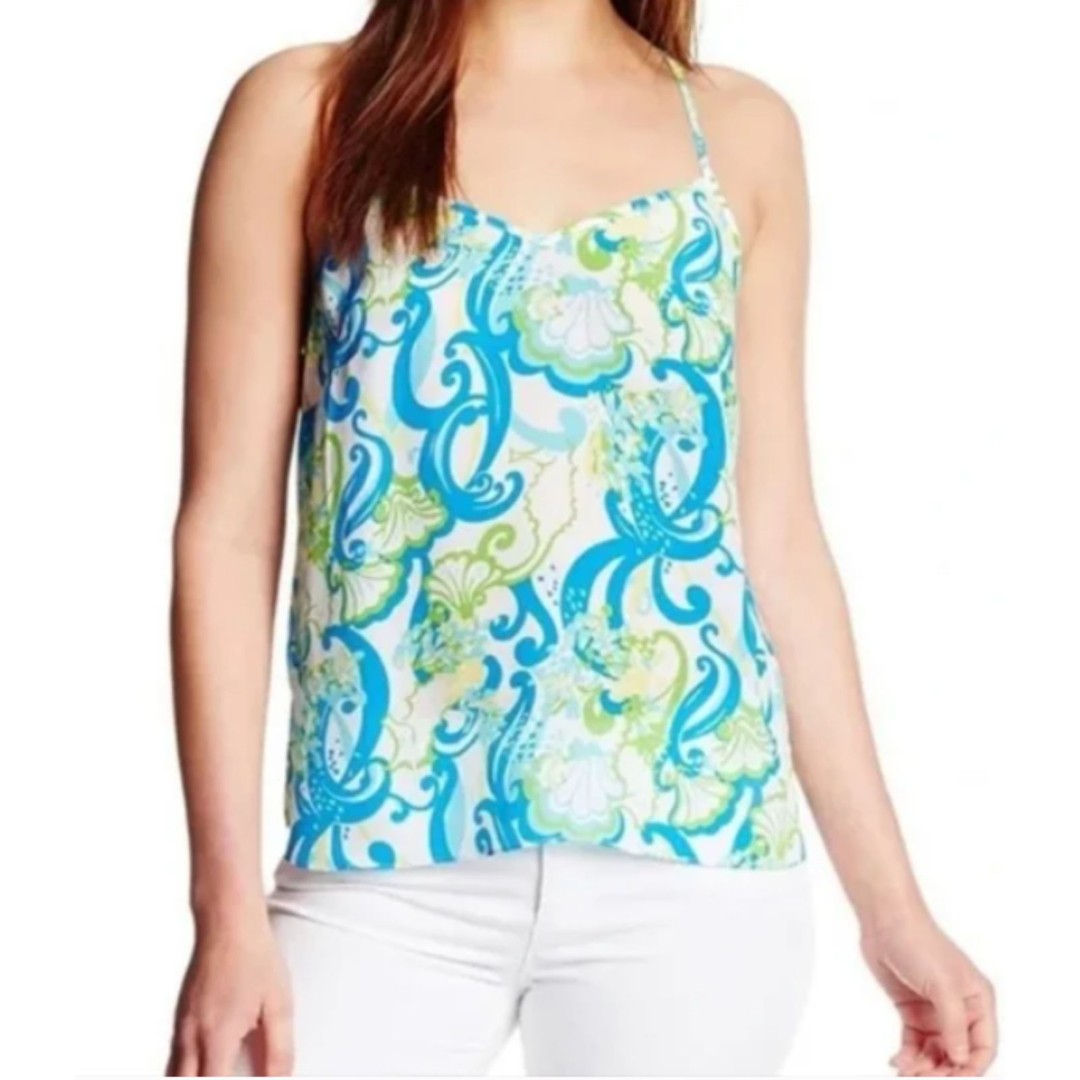 Lilly Pulitzer Chevonne Silk White Blue Strappy Gold Zipper Resort Tank Top XS