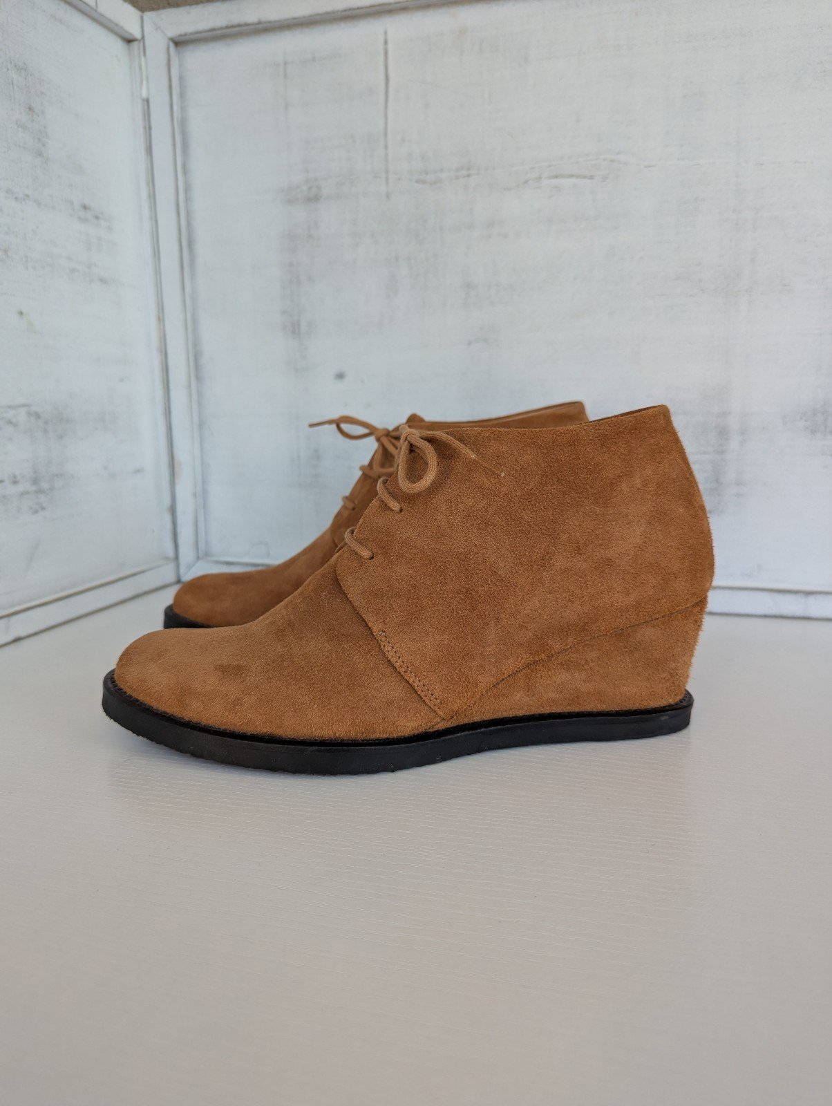 COTELAC Tan Suede Wedge Ankle Shoes with Lace-Up Design