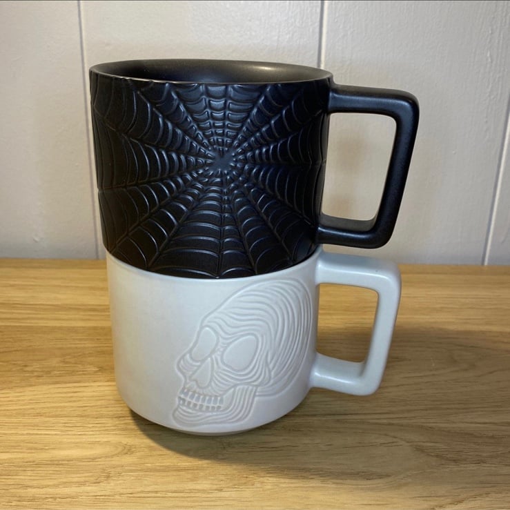 Set of 2 Starbucks 2019 Collectible Halloween Stoneware Mugs- Skull & Spiderweb