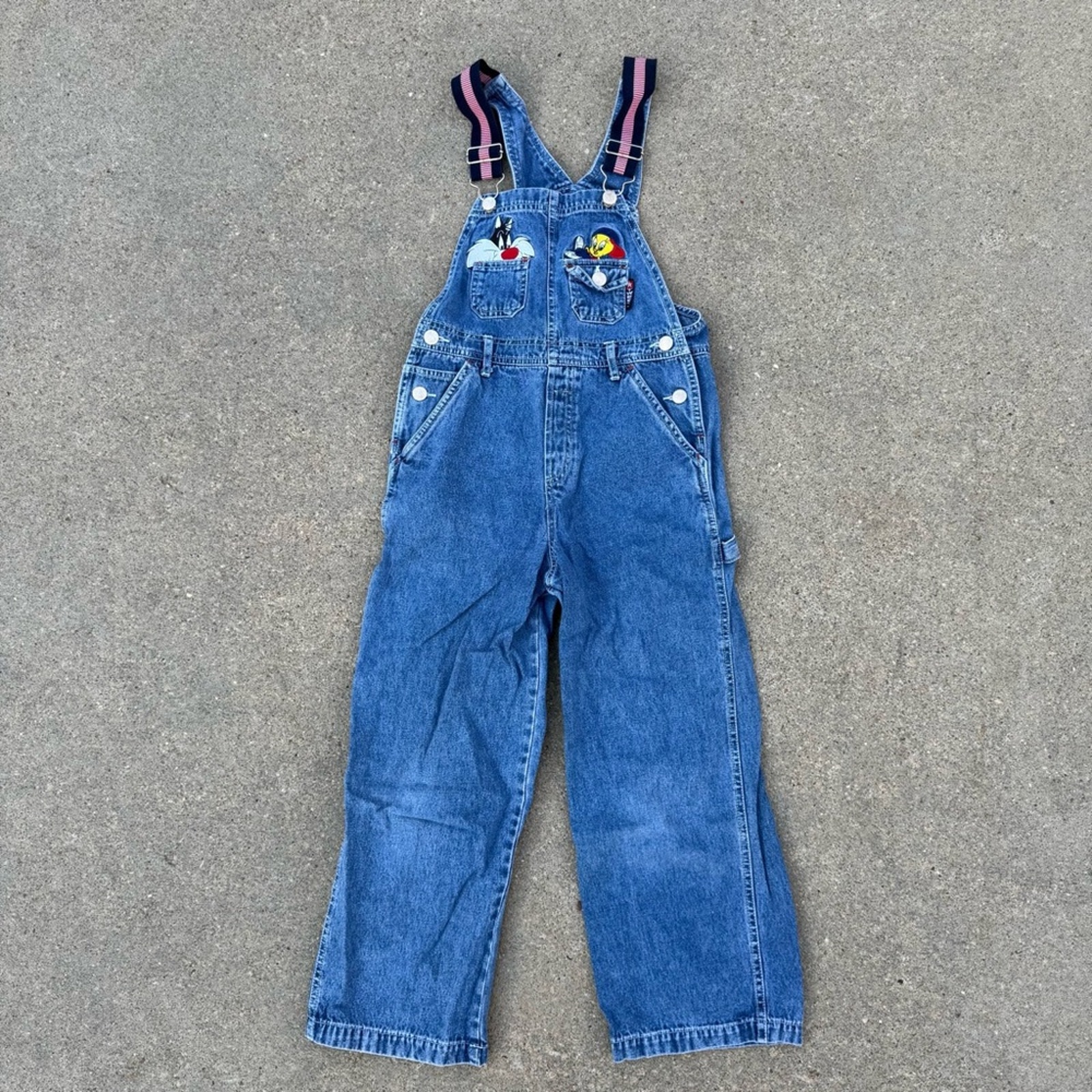Vintage 90s Looney Tunes Tweety Sylvester Kids Embroidered Blue Denim Overalls M
