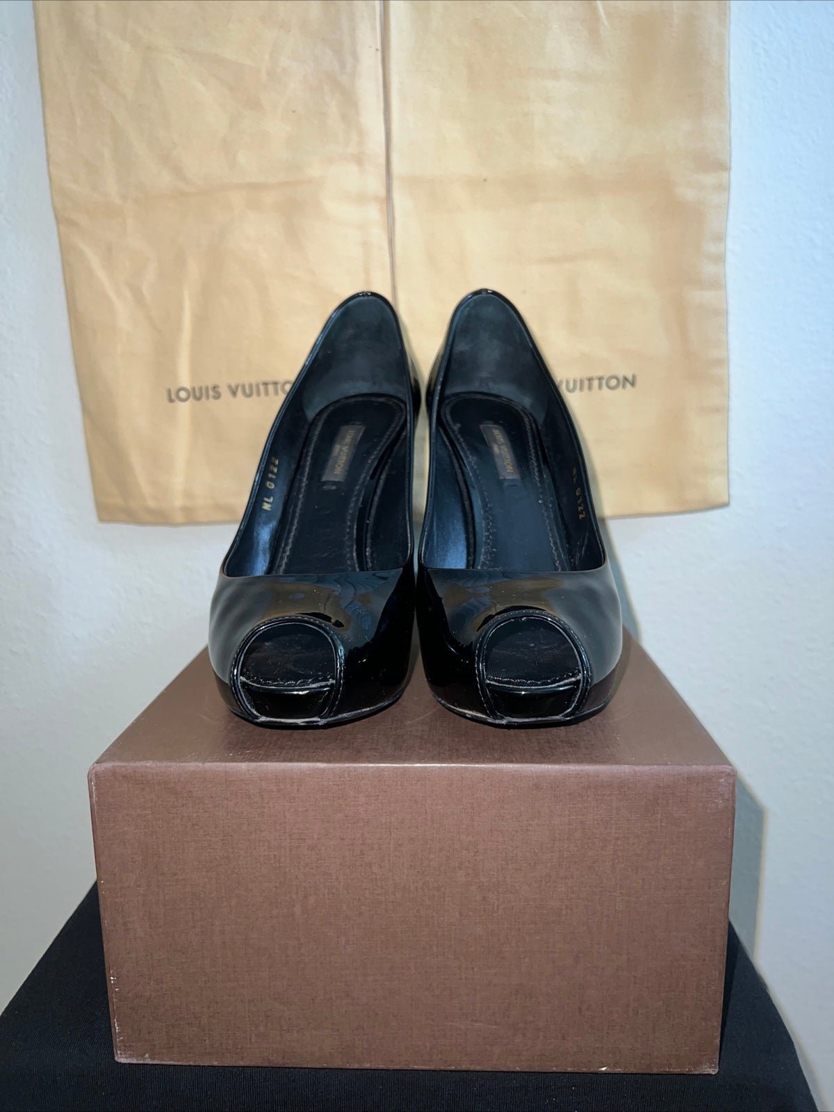 Louis Vuitton “Oh Really” Black Patent Gold Lock Platform Peep Toe Pumps 36.5