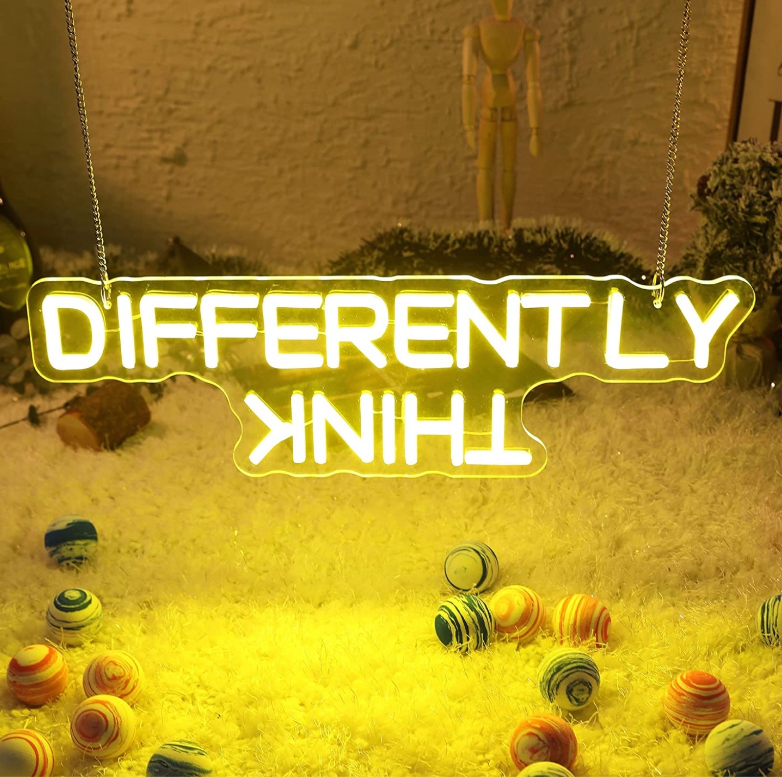 Bright Yellow “Think Differently” LED Hanging Night Light Room Wall Decoration