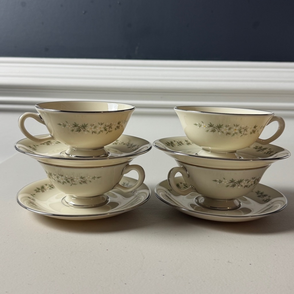 Lenox Brookdale Footed Cup and Saucer Set Cream Floral set of 4