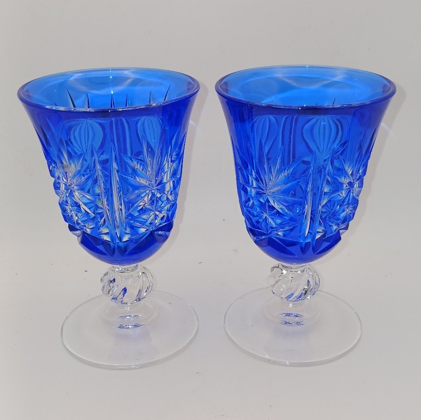 2 Edo Kiriko Glassware Traditional Japanese Craft Blue Cut to Clear Crystal