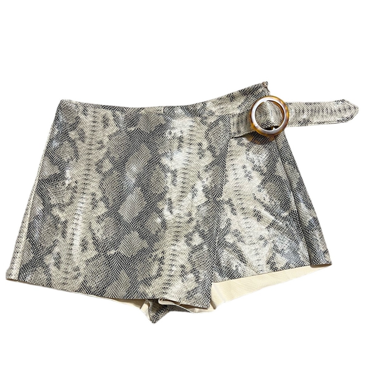 Zara Cream and Gray Snakeskin Print Belted Skort, Size L