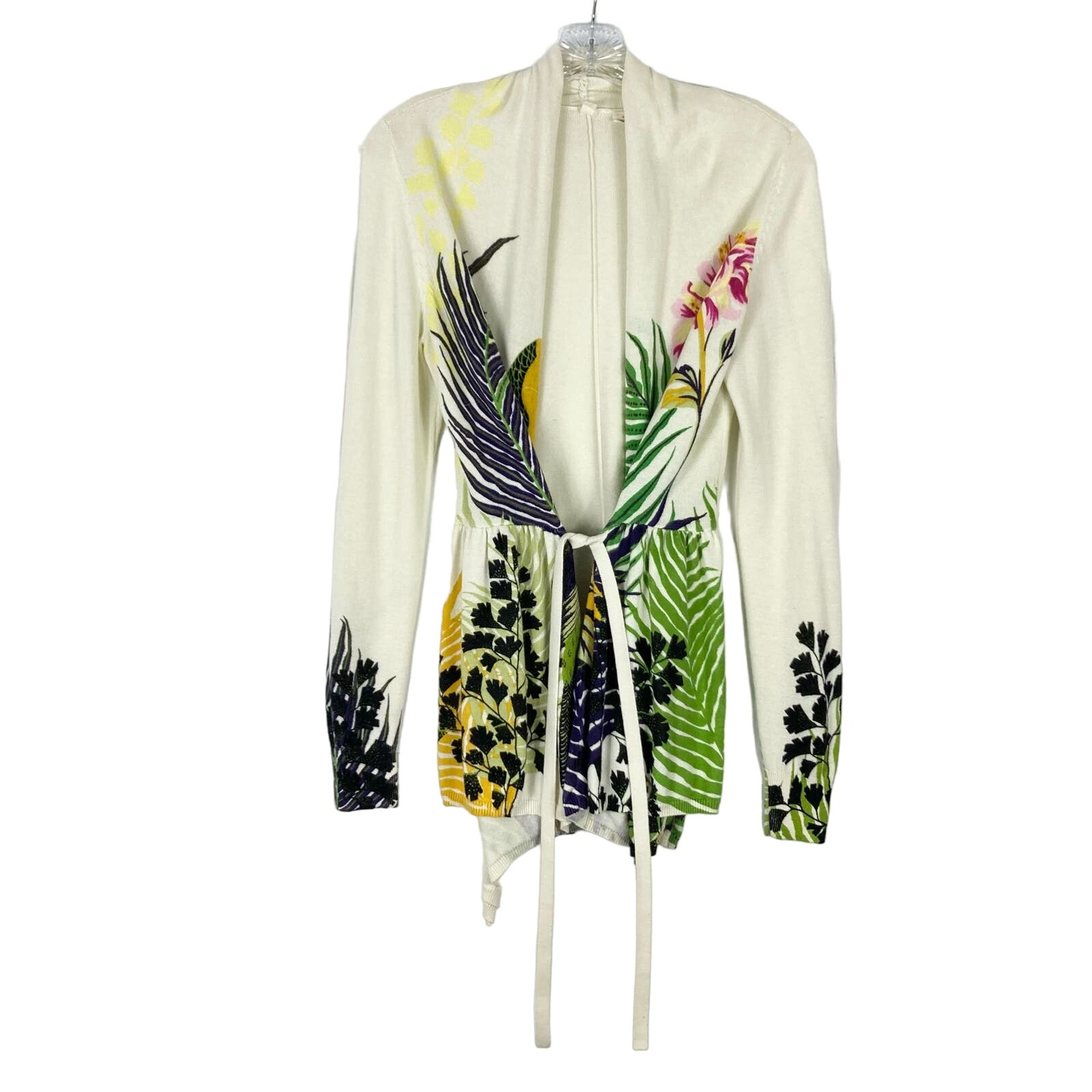 NWOT ANTHROPOLOGIE MOTH Cardigan S Ivory Parrot Floral Tropical Tie Bow Knit