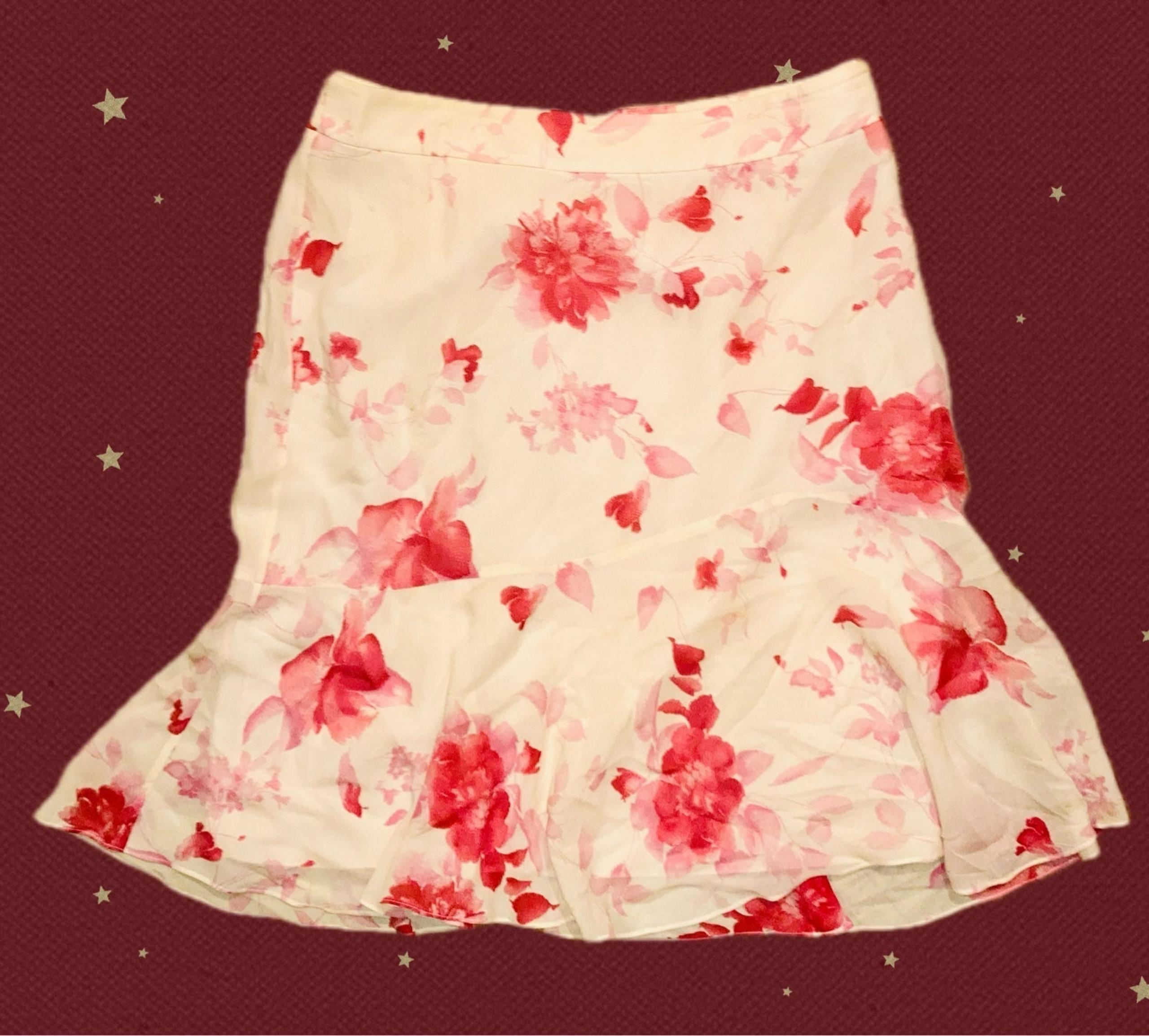 Banana Republic Womens Y2K 100% Silk Pink Floral Midi Knee Trumpet Skirt XS/US 2