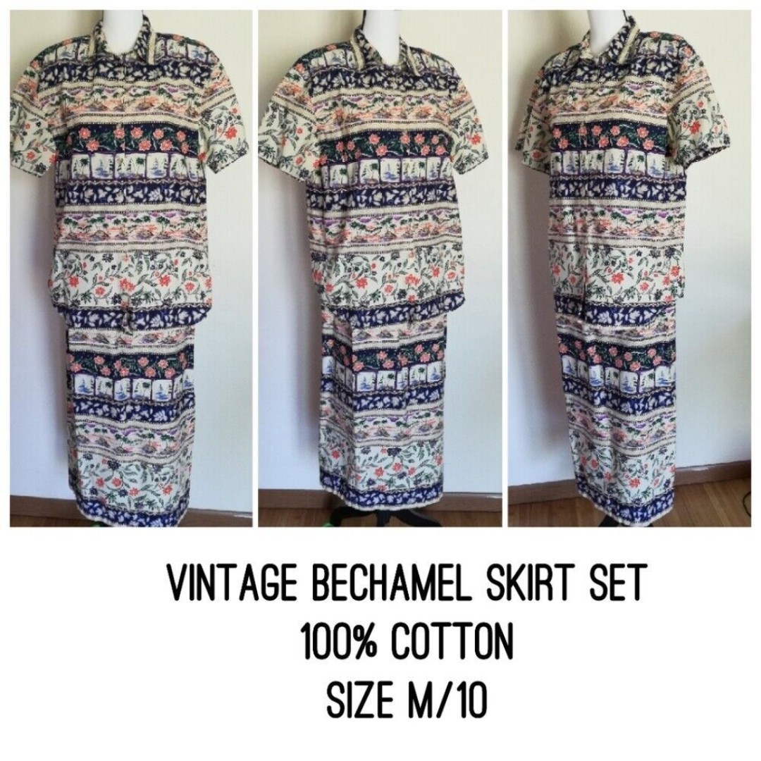 Vintage BECHAMEL Women's Size M 10 Multi-color Hawaiian Cotton Blouse Skirt Set