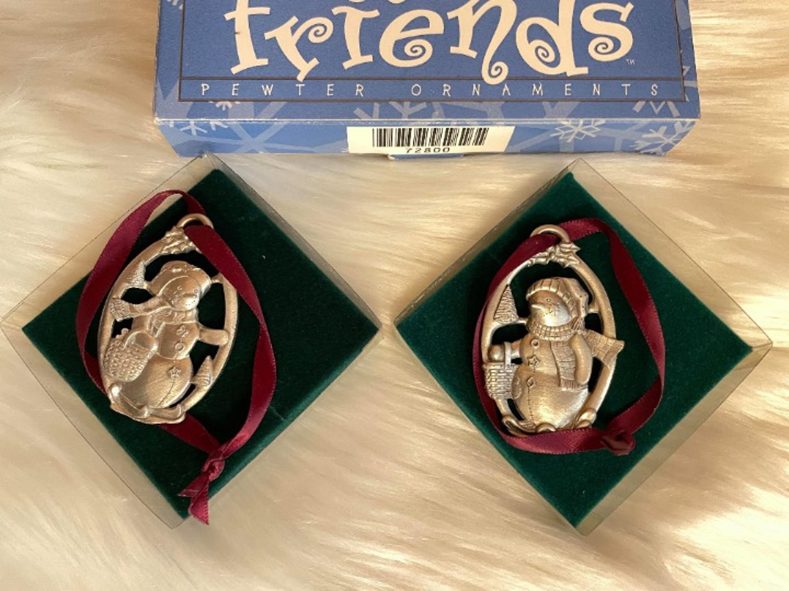 Longaberger SNOW FRIENDS Christmas Tree Pewter Ornaments Set/2