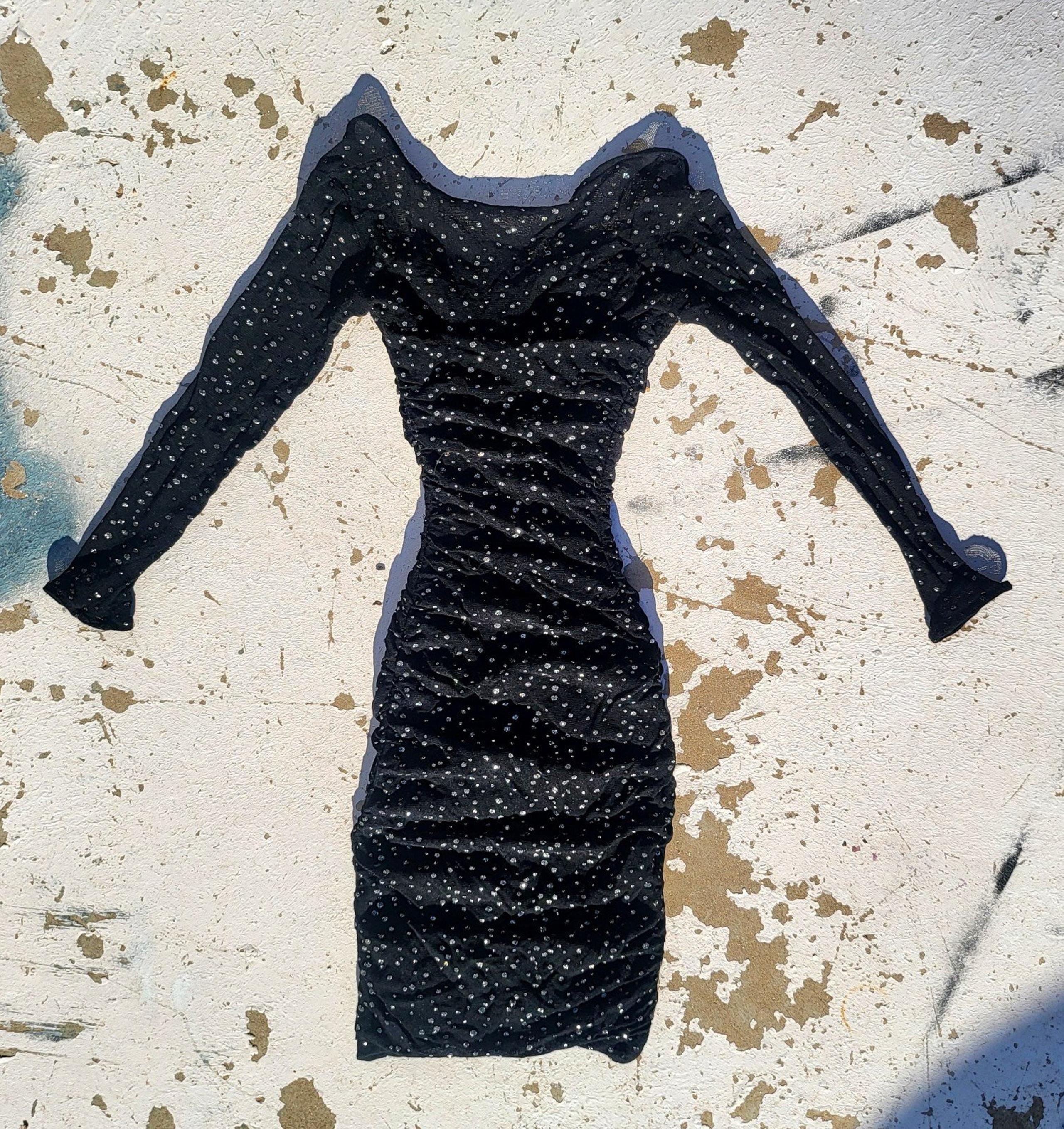 1970s Sparkle Black Mesh Ruched Dress by Michi USA