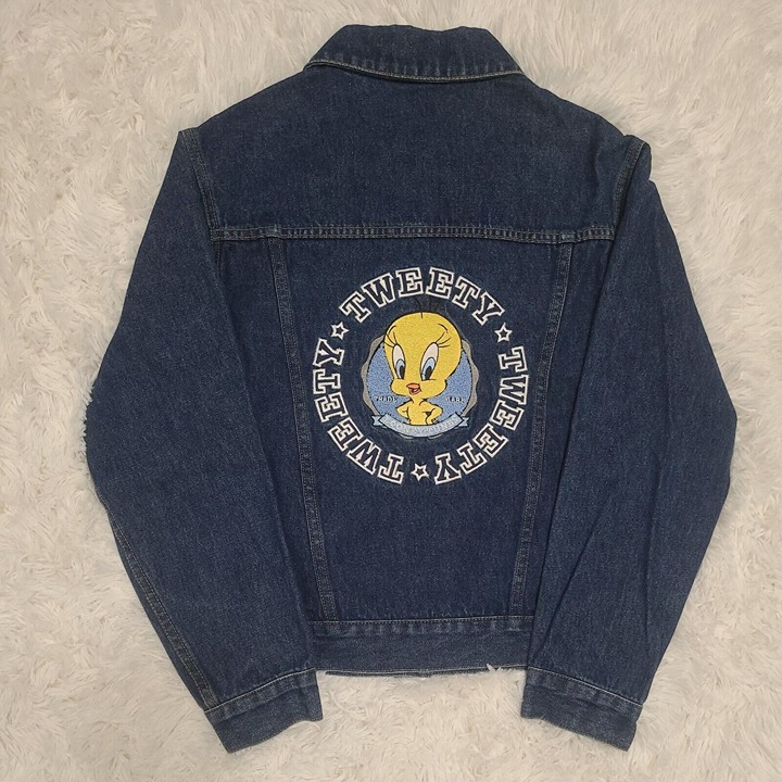 Vintage Warner Bros. Studio Store Womens XS Blue Tweety Bird Denim Jean Jacket