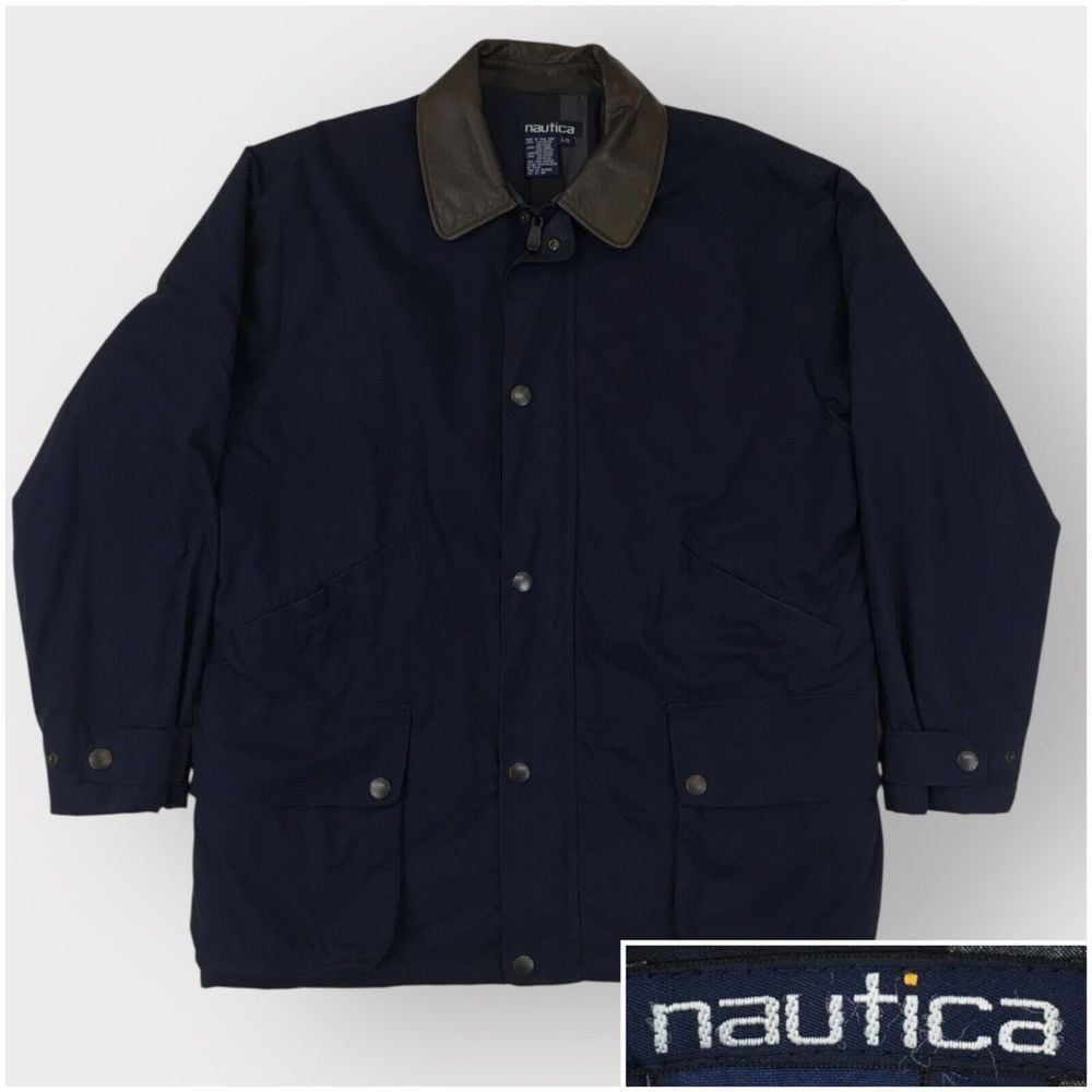 VINTAGE NAUTICA Barn Coat Chore Jacket Mens Oversized L Leather Collar Quilted