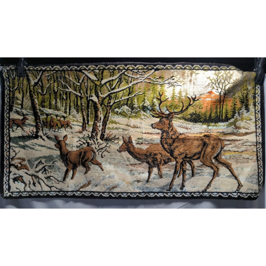 Vtg Deer/ELK in SNOWY WOODS Small WALL TAPESTRY RUG Velvet 37 × 19