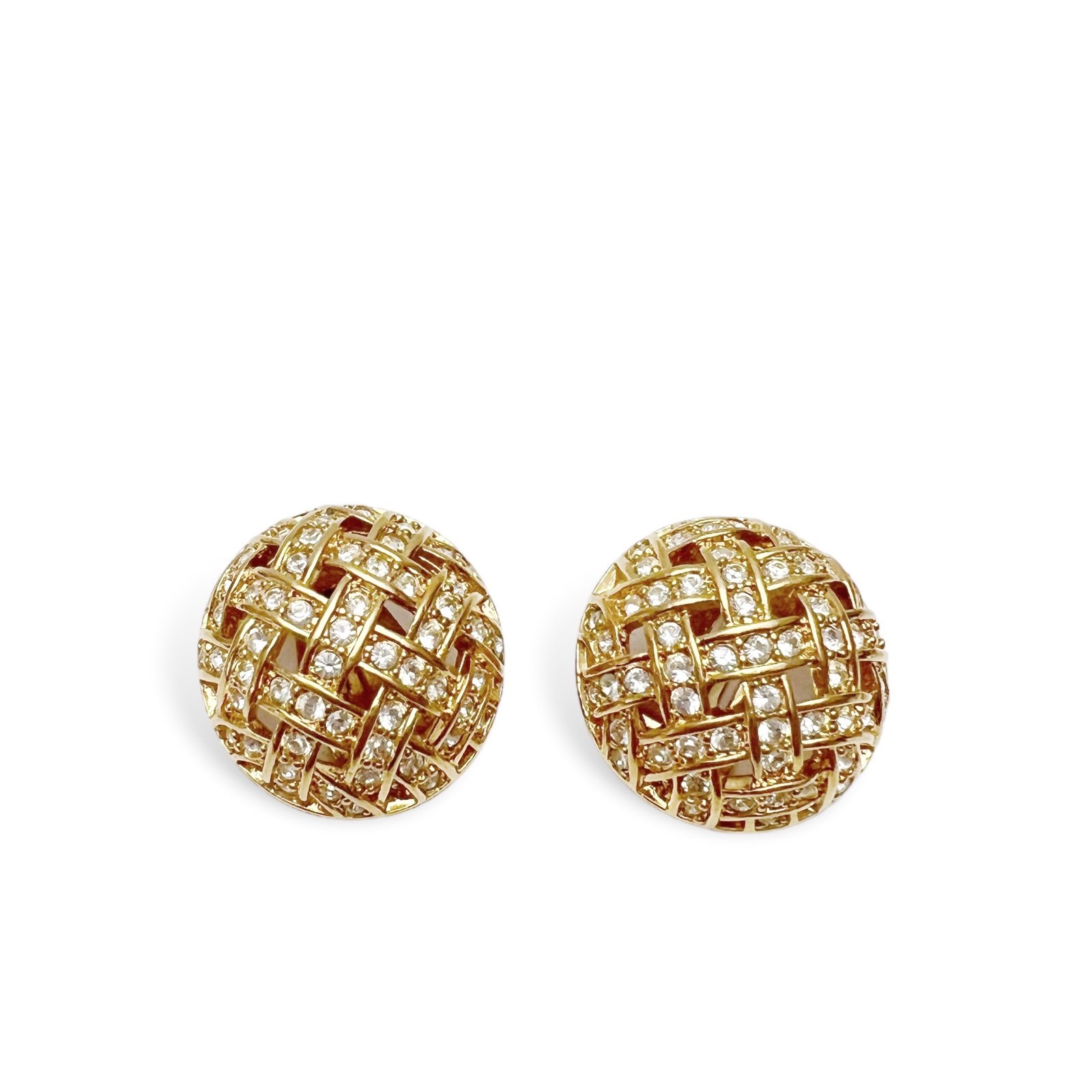 Vtg Swarovski Swan Signed Crystal Round Basketweave Goldtone Clip On Earrings