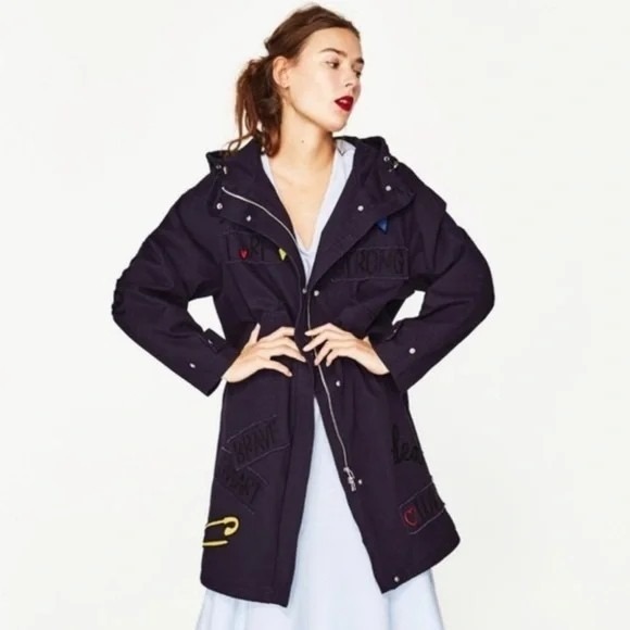 Zara Don't Waste My Time Parka Jacket Hooded Navy Blue Size S