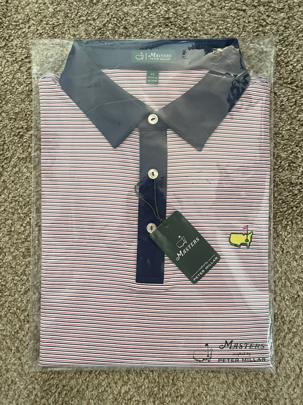 Masters Peter Millar Red, White and Blue Stripe Performance Tech Polo, Size XL