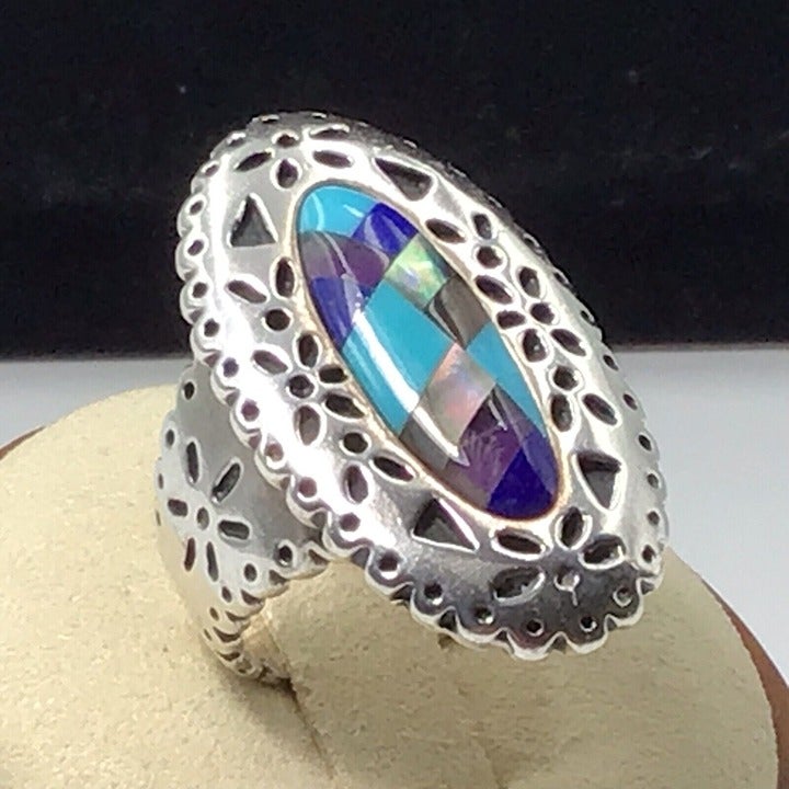 Carolyn Pollack Ring Turquoise Inlay Relios Mark Sterling Silver Size 8