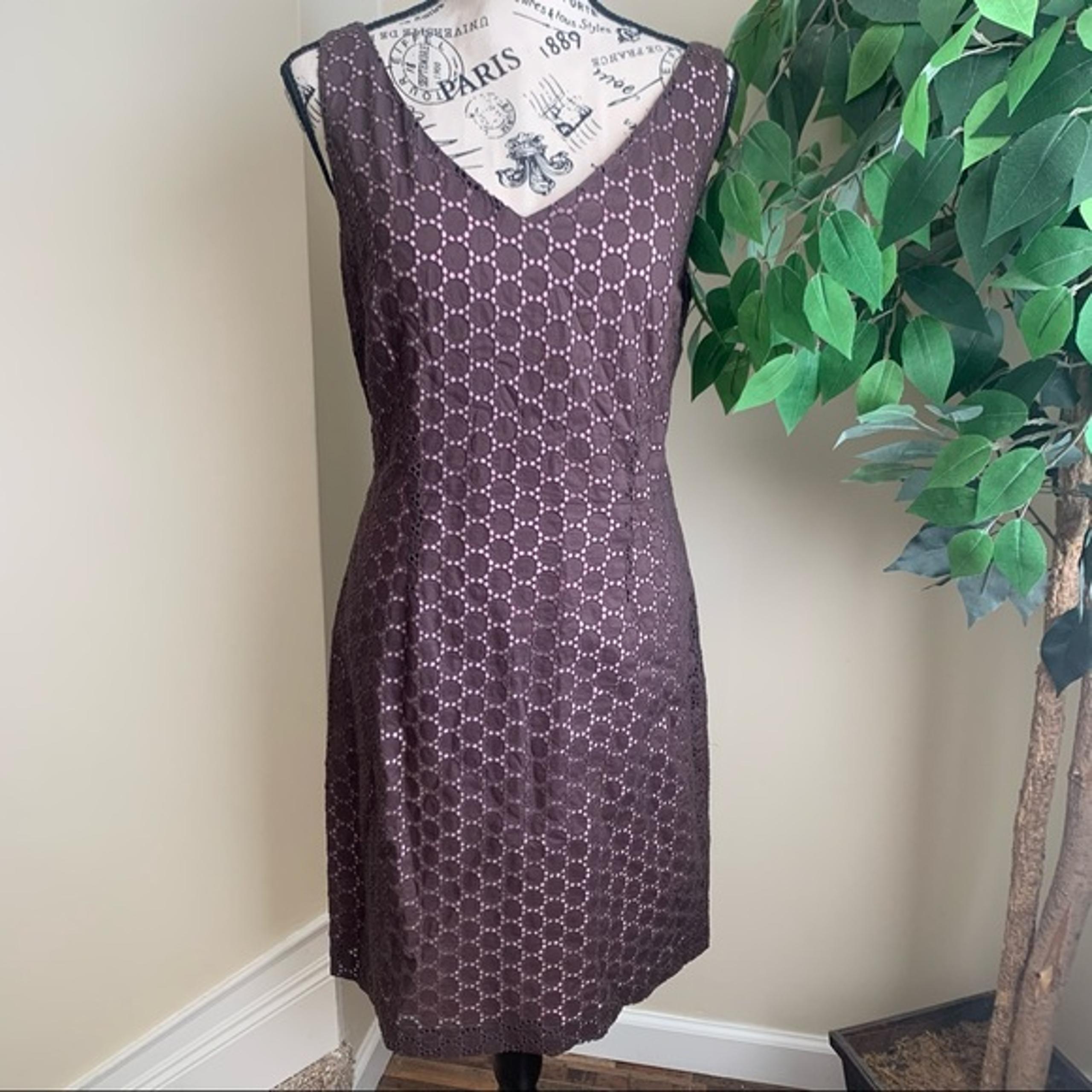 Folio Saks Fifth Ave Eyelet Sleeveless Sheath Dress Brown Pink Sz 8