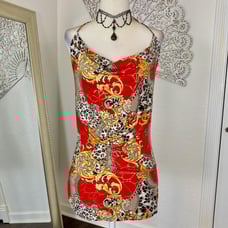 Y2K Boho Red Gold Paisley Low Cowl Neck Made in USA Halter Top Sz M