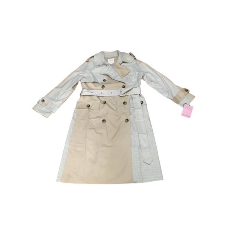Avec Les Filles MEDIUM Beige & Baby Powder Blue Pinstripe Jacket Coat Light cozy