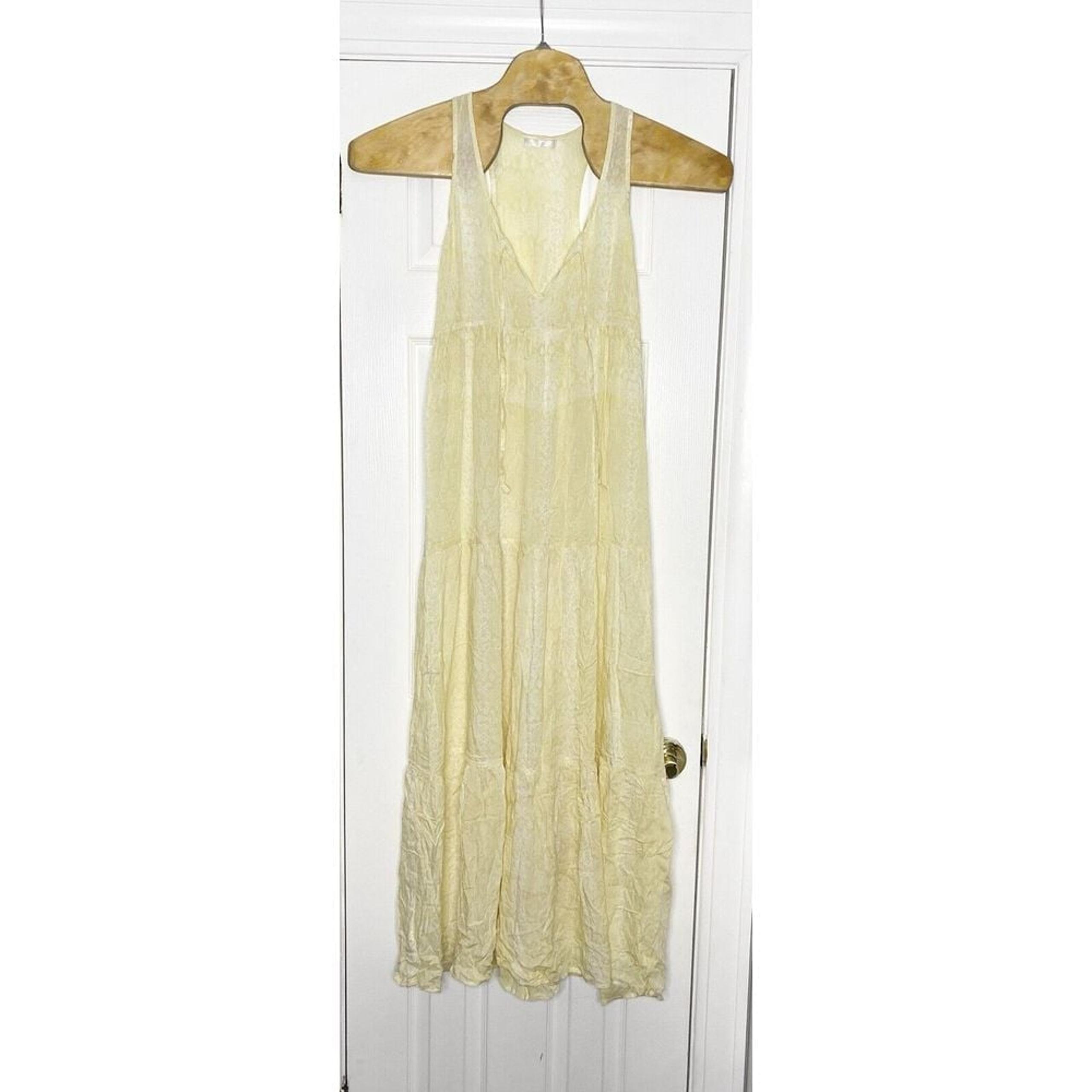 INDAH Women's V Neck Tiered Maxi Dress Yellow White Animal Print Small