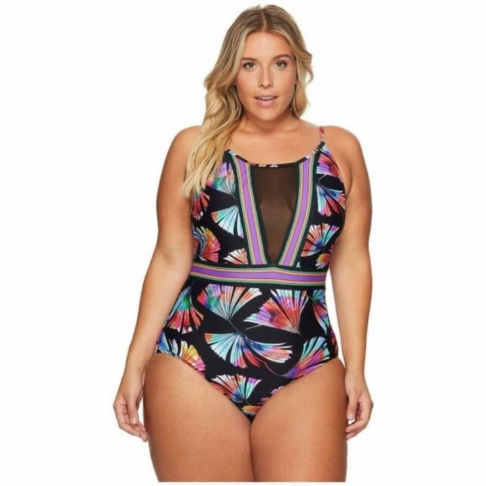 NWT La Blanca illusion mesh fan high neck swimsuit. 18W