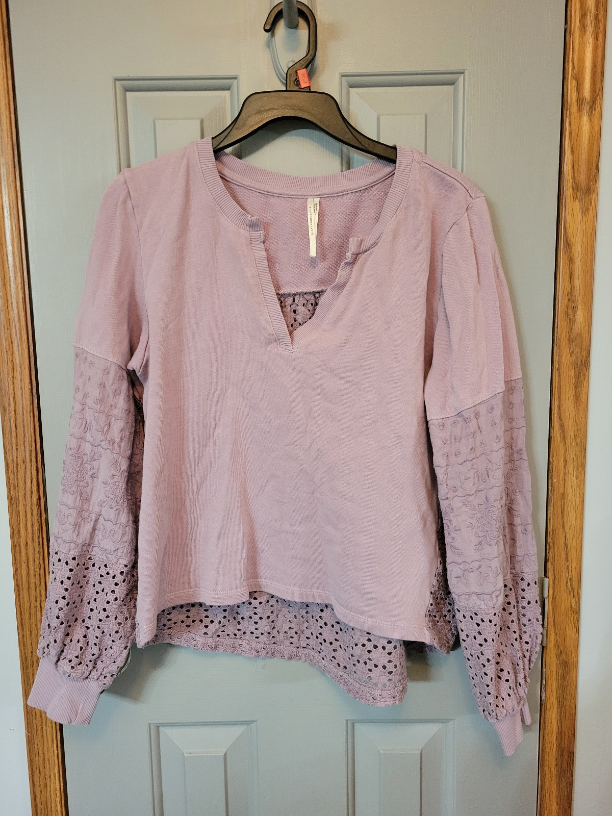 Anthropologie Lavender Lace Eyelet Balloon Sleeve Top