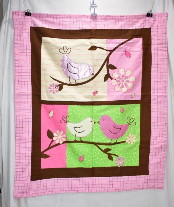 CHILD'S FLANNEL PANEL WITH BIRDS IN PINK BABY STROLLER OR CRIB QUILT 40 X 36