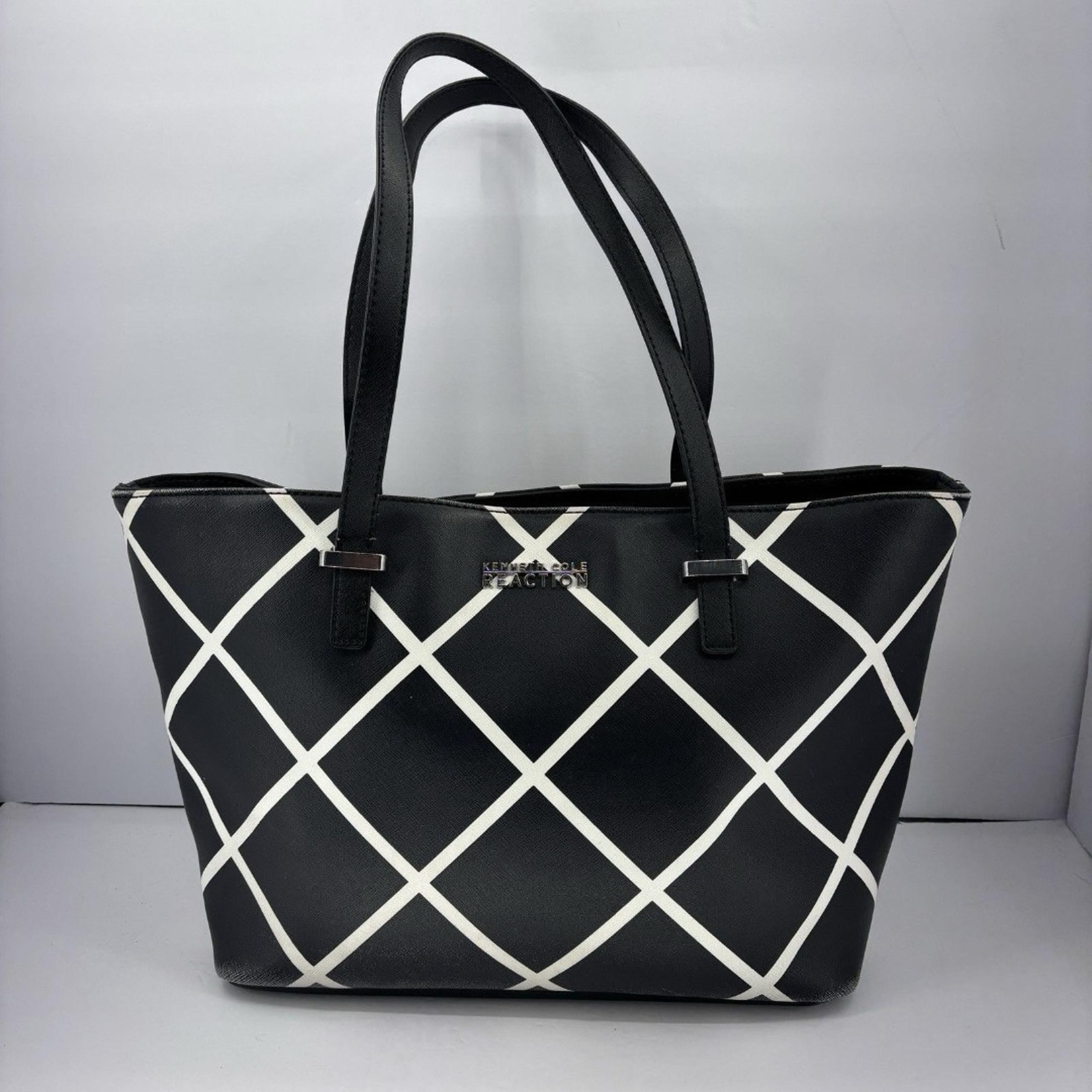 Kenneth Cole REACTION Faux Leather Tote Black White "X" Striped Pattern 90's