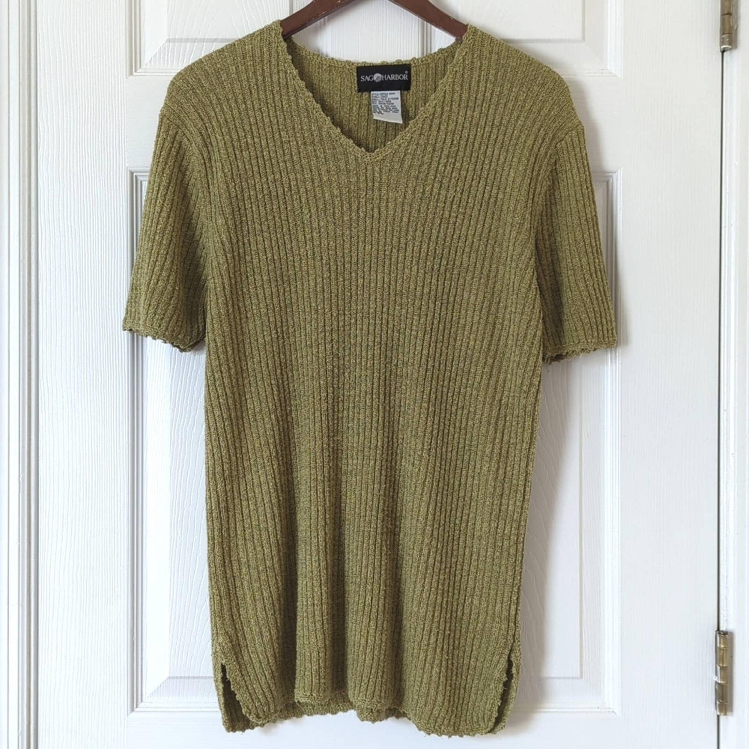 Sag Harbor 90's Vintage Silk Blend Ribbed Knit Short Sleeve V-neck Top Green S