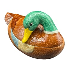 Vintage 1989 Handmade Ceramic Large Mallard Duck Soup Tureen with Ladle