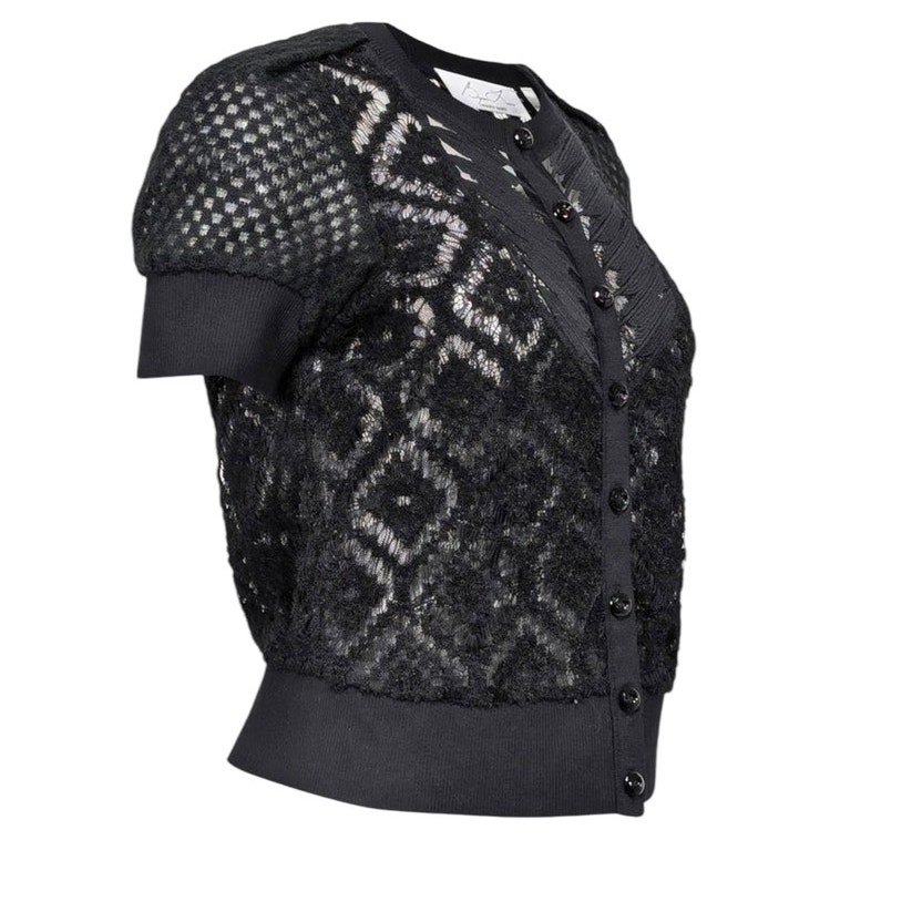 Byron Lars Beauty Mark Black Button Front Embroidered Short Sleeve Cardigan Sz 6