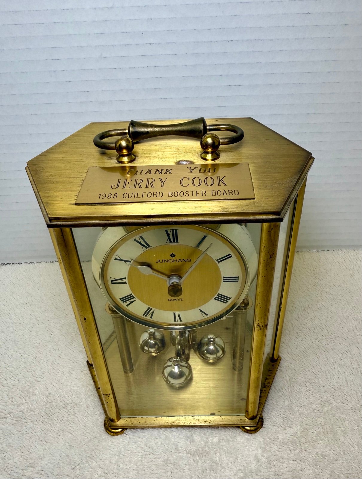 Vintage Junghans Quartz Anniversary Mantel Clock – Germany 1980s Brass & Glass D