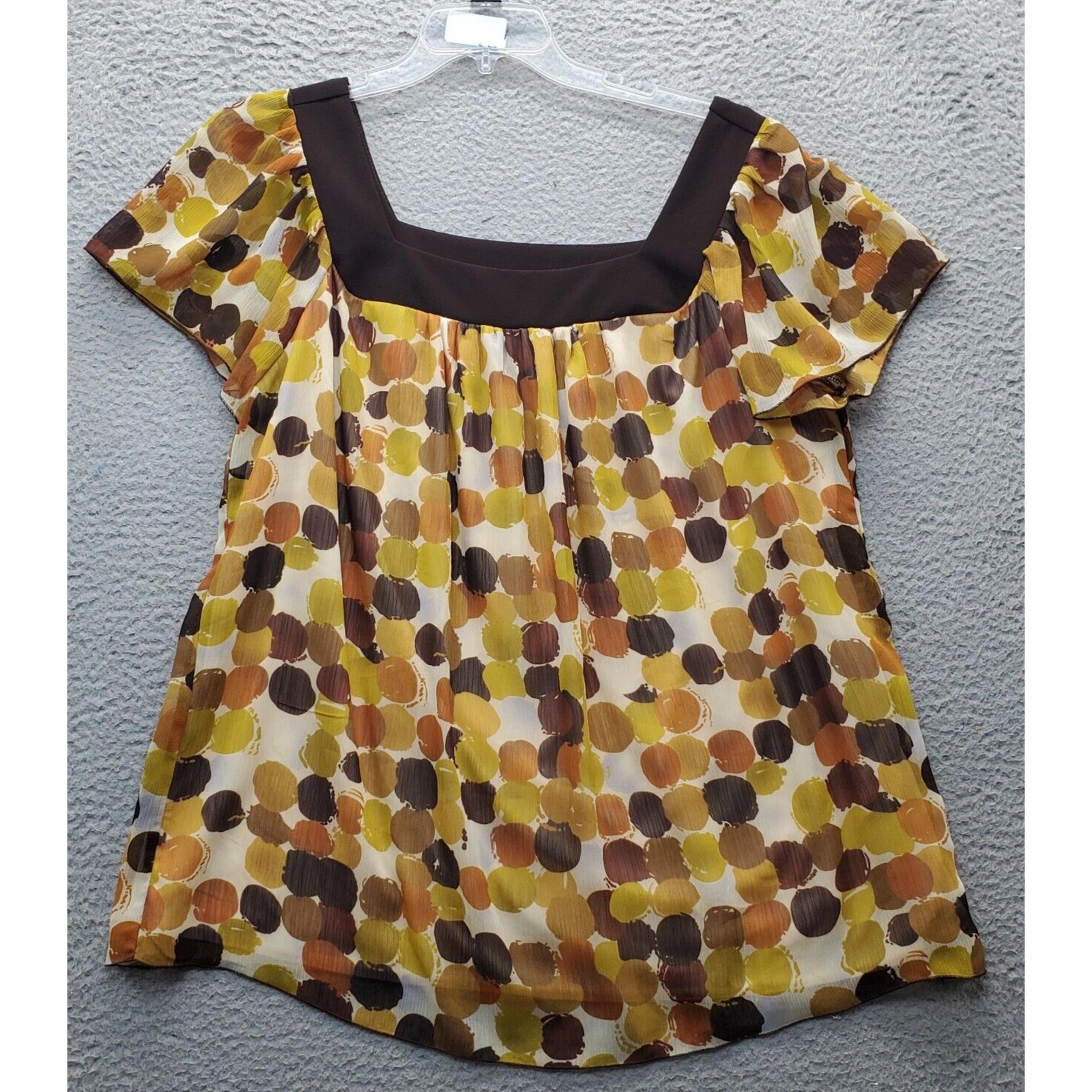 Dressbarn Blouse Top Womens 2X Multi Polka Dot Pleated Short Sleeve Square Neck