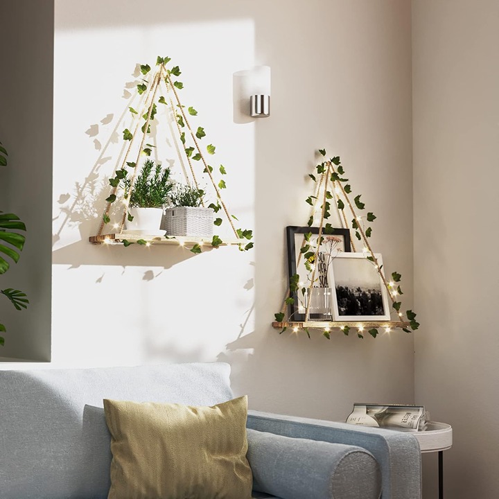 RICHER HOUSE Artificial Ivy LED-Strip Wall Hanging Shelves, Macrame Shelf for Be