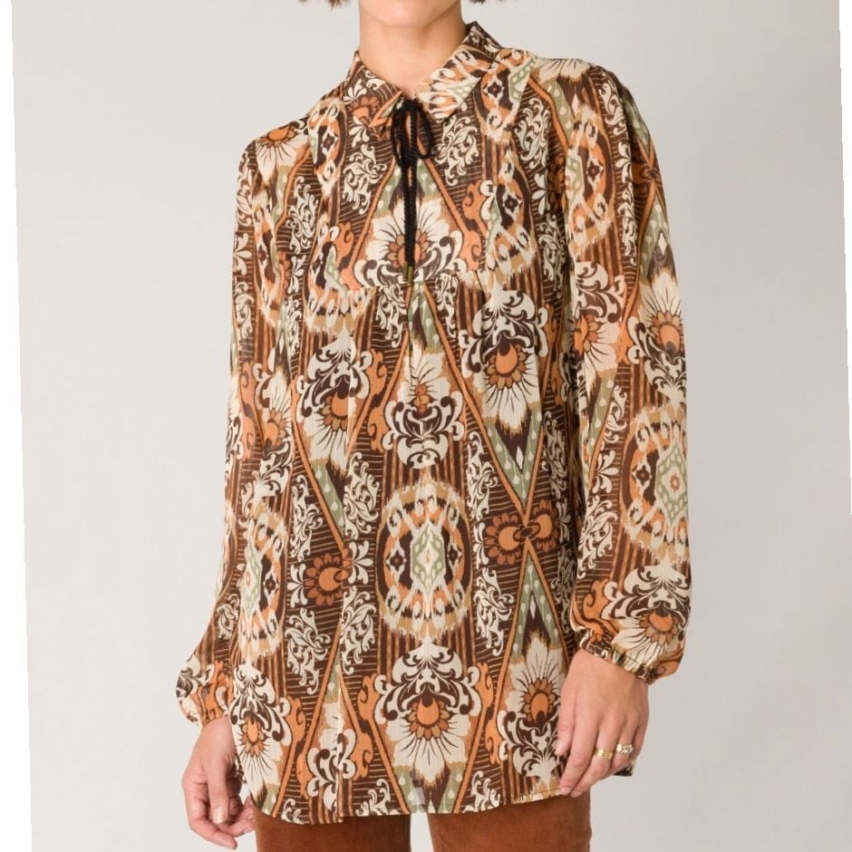 Yest NWT Sanne Vintage Boho Tie Neck Tunic Top Brown Floral Long Sleeve Blouse