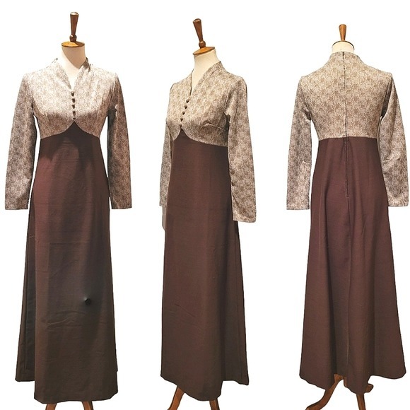Vintage - 1970's Handmade Chocolate Brown Green Abstract Top Maxi Dress